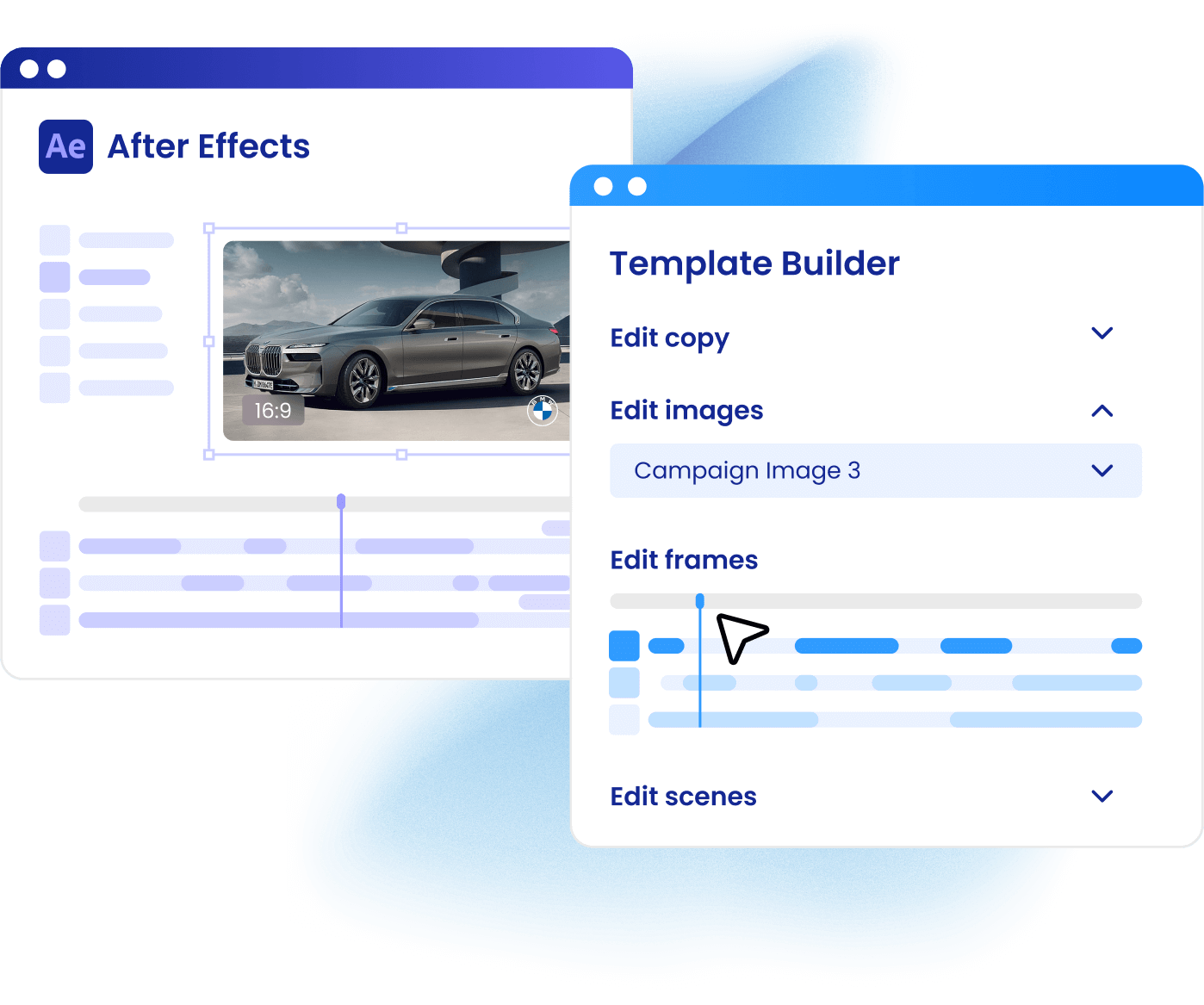 Create dynamic templates via the Storyteq Extension for After Effects or Storyteq's browser-based Template Builder