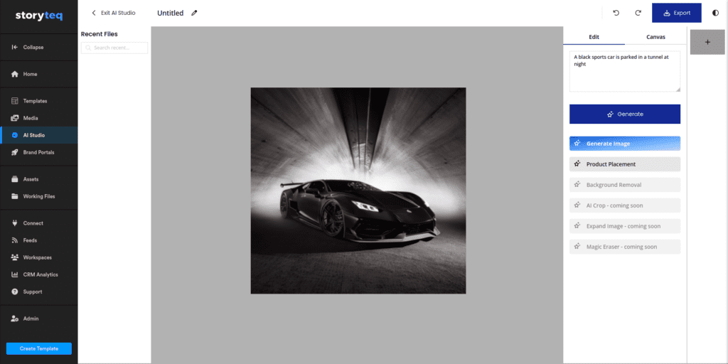 AI-generated picture by Storyteq's AI Studio. Prompt: A black sports car is parked in a tunnel at night.