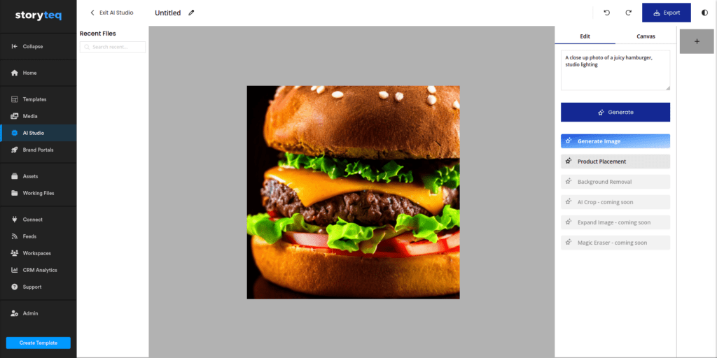 AI-generated picture by Storyteq's AI Studio. Prompt: A close up photo of a juicy hamburger, studio lightning.
