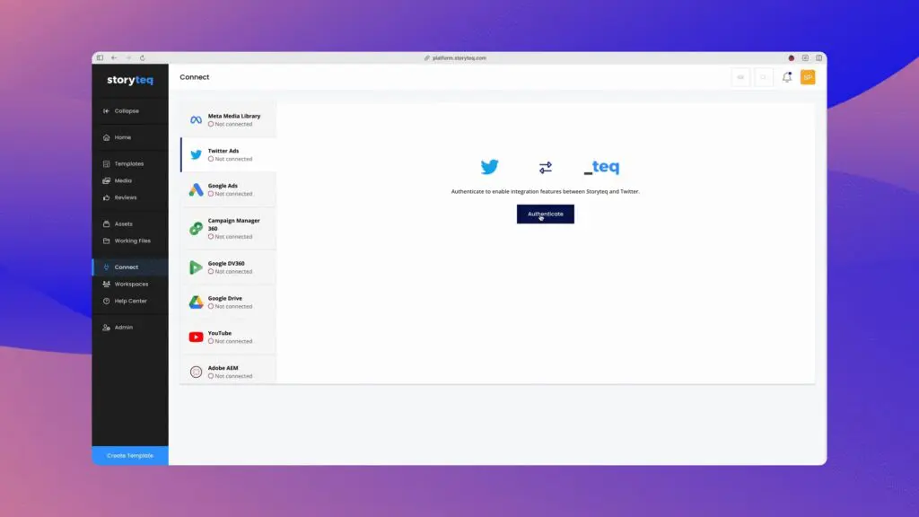 Screenshot of the ‘connect’ feature in Storyteq, demonstrating that you can easily connect Storyteq with popular advertising platforms such as Meta, Google Ads and YouTube.