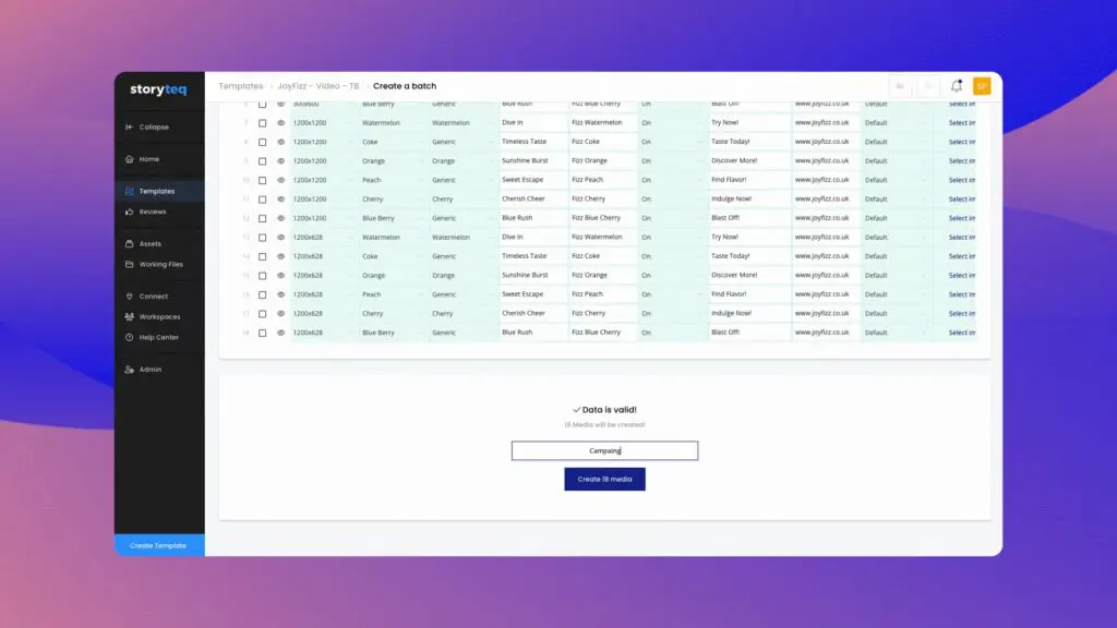 Screenshot of the ‘batch creation’ functionality in Storyteq’s creative automation platform