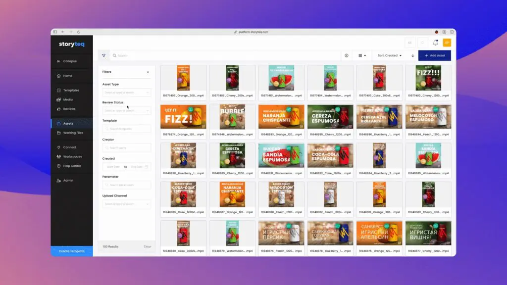 Screenshot of the ‘asset manager’ in Storyteq’s creative automation tool
