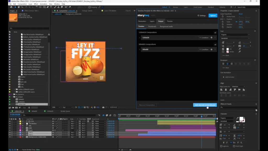 Screen shot of After Effects where the Storyteq extension is used.