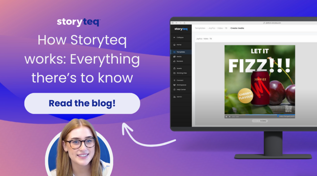 Visuals that shows the Storyteq platform and reads ‘How Storyteq works: Everything there’s to know. Read the blog!’