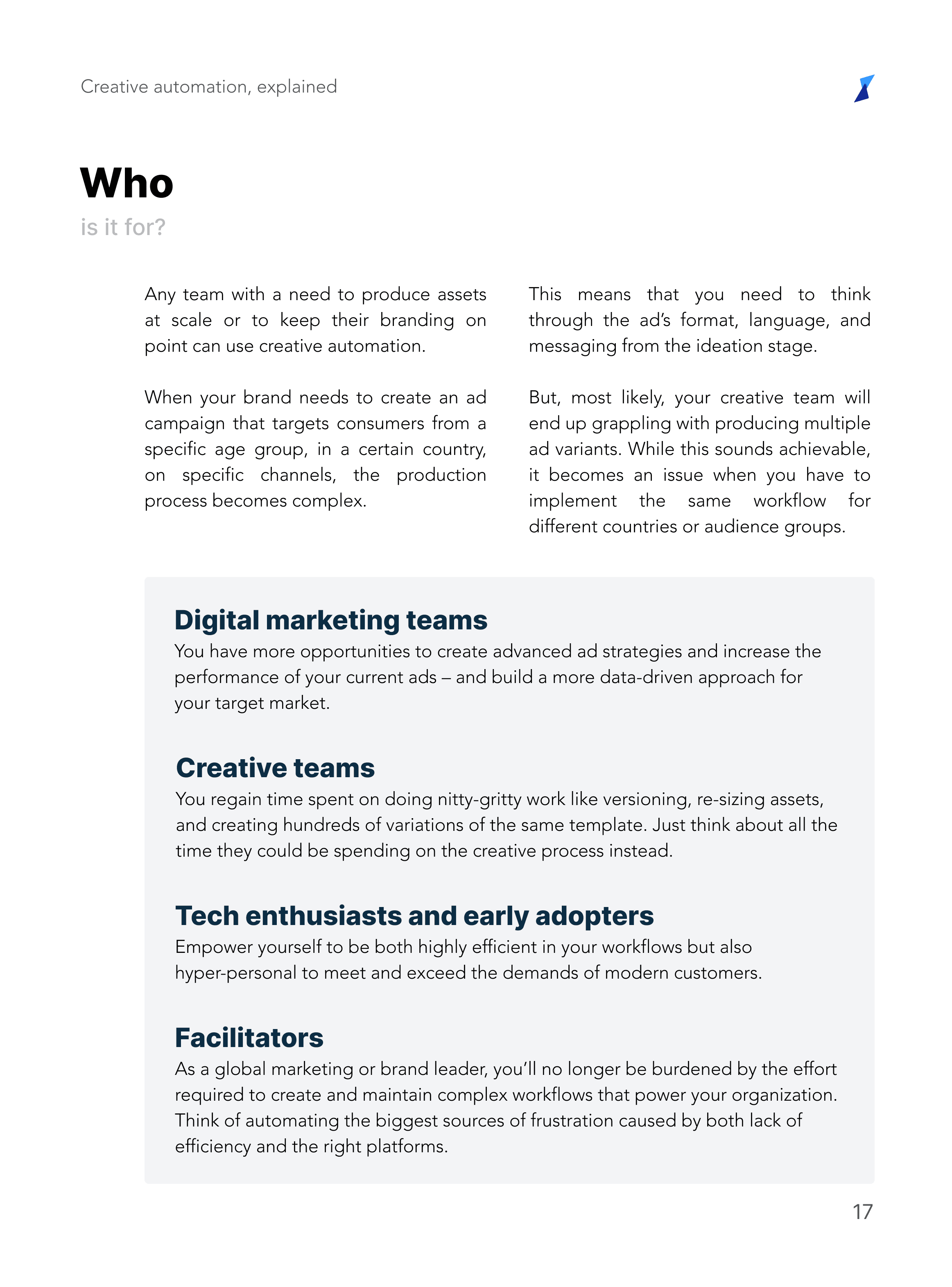 Creative Automation guide: who is it for? - Digital marketing teams - Creative teams - Tech enthusiasts and early adopters - Facilitators