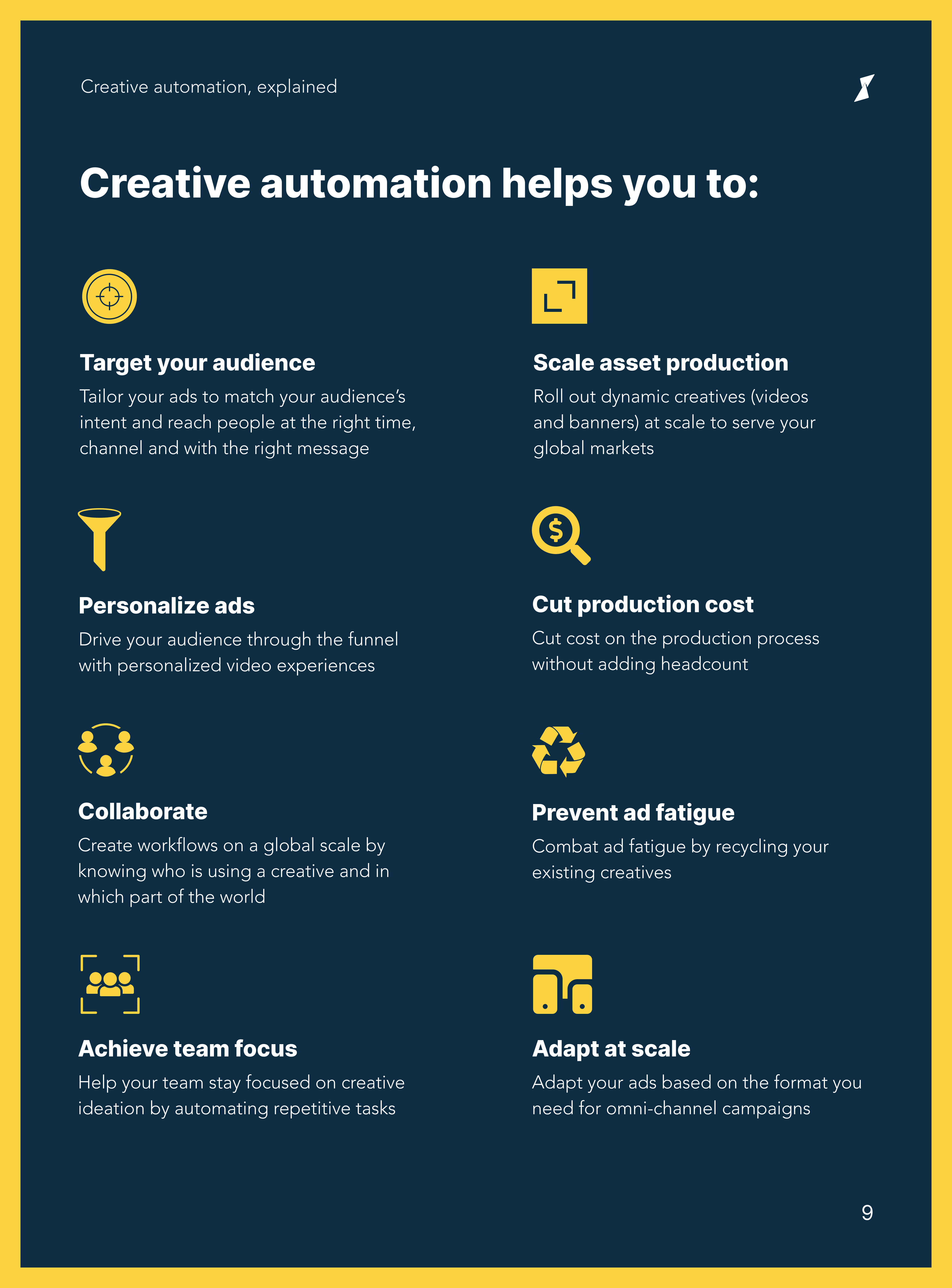 Creative Automation helps you to: - Target your audience - Personalize ads - Collaborate - Achieve team focus - Scale asset production - Cut production cost - Prevent ad fatigue - Adapt at scale